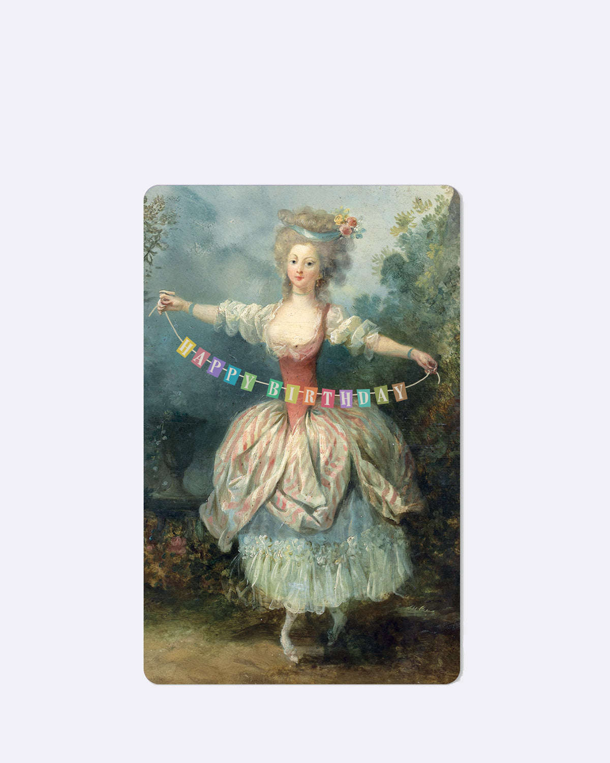 Mini Postkarte mit Gemälde einer Lady und buntem Schriftzug "HAPPY BIRTHDAY"