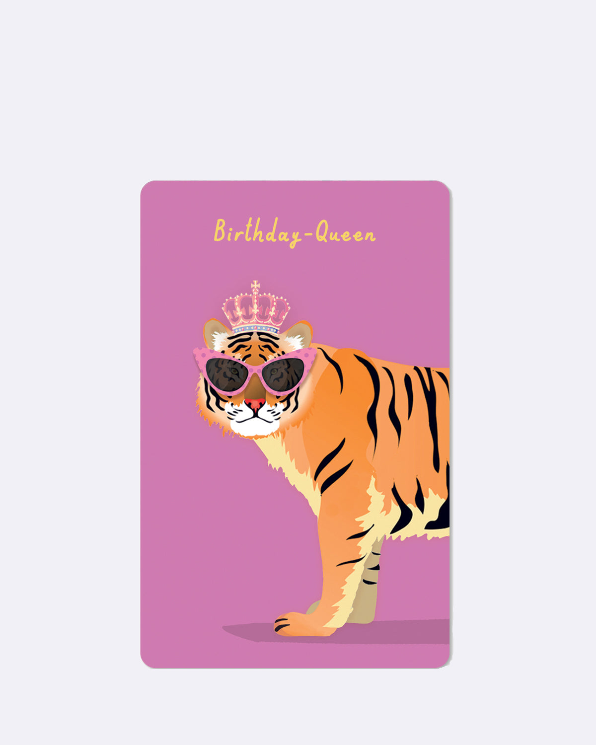 Postkarte mit Tiger in rosa Sonnenbrille auf lila Hintergrund mit Schriftzug "Birthday-Queen"