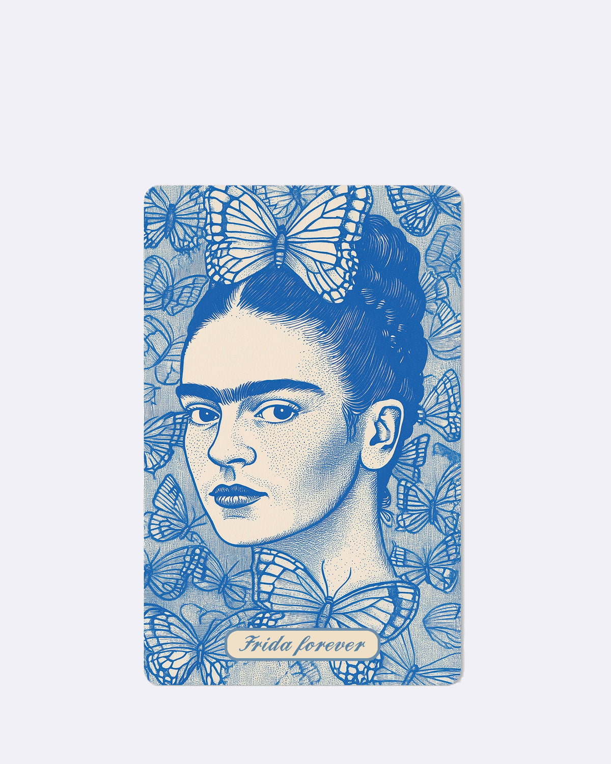 Mini Postkarte mit blauem Frida Kahlo Porträt und Schmetterlingen mit Schriftzug "Frida forever"