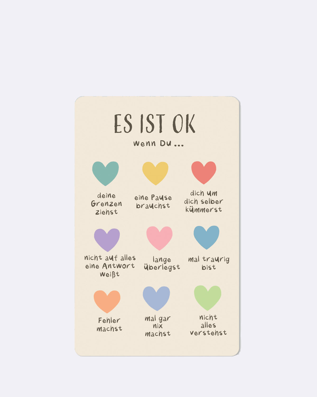 Mini Postkarten mit bunten Herzen und Schriftzug "ES IST OK wenn Du"