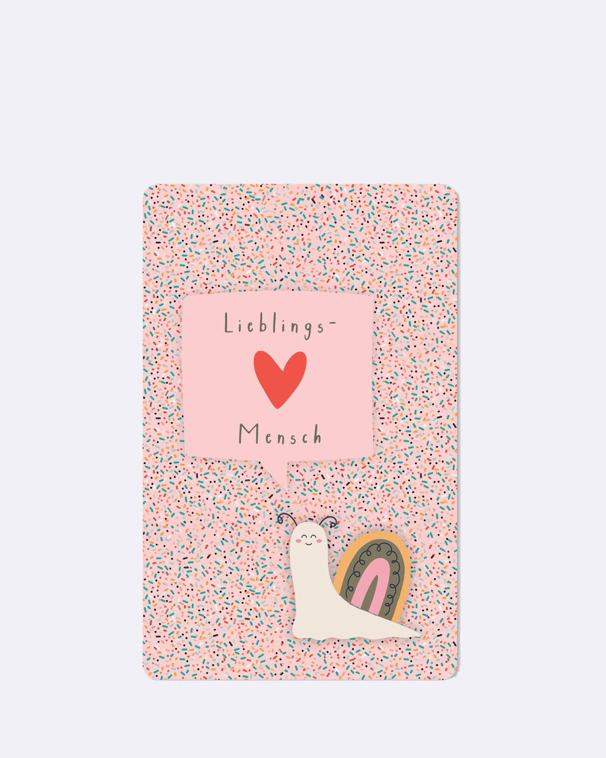 Mini Postkarte mit bunter Konfetti-Muster in Rosa mit Schriftzug "Lieblingsmensch" und Schnecken-Illustration
