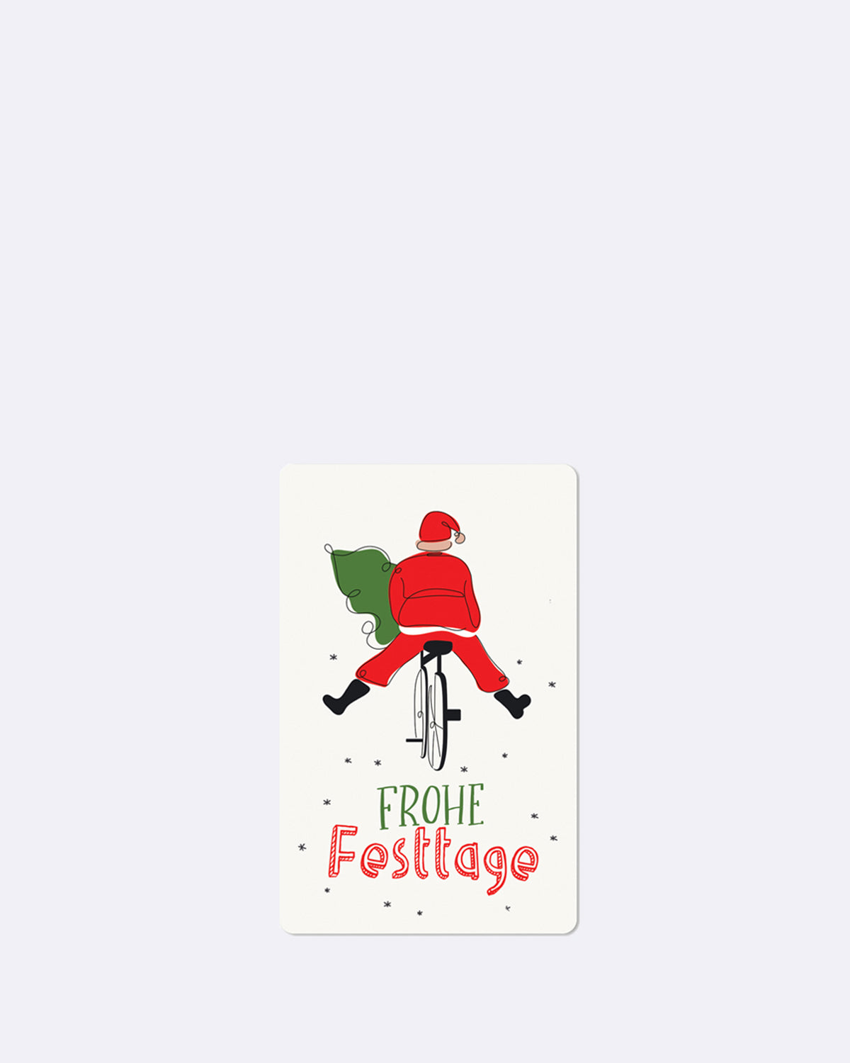 Postkarte in weiß mit abgebildetem Weihnachtsmann auf einem Fahrrad mit grün/roter Schrift 