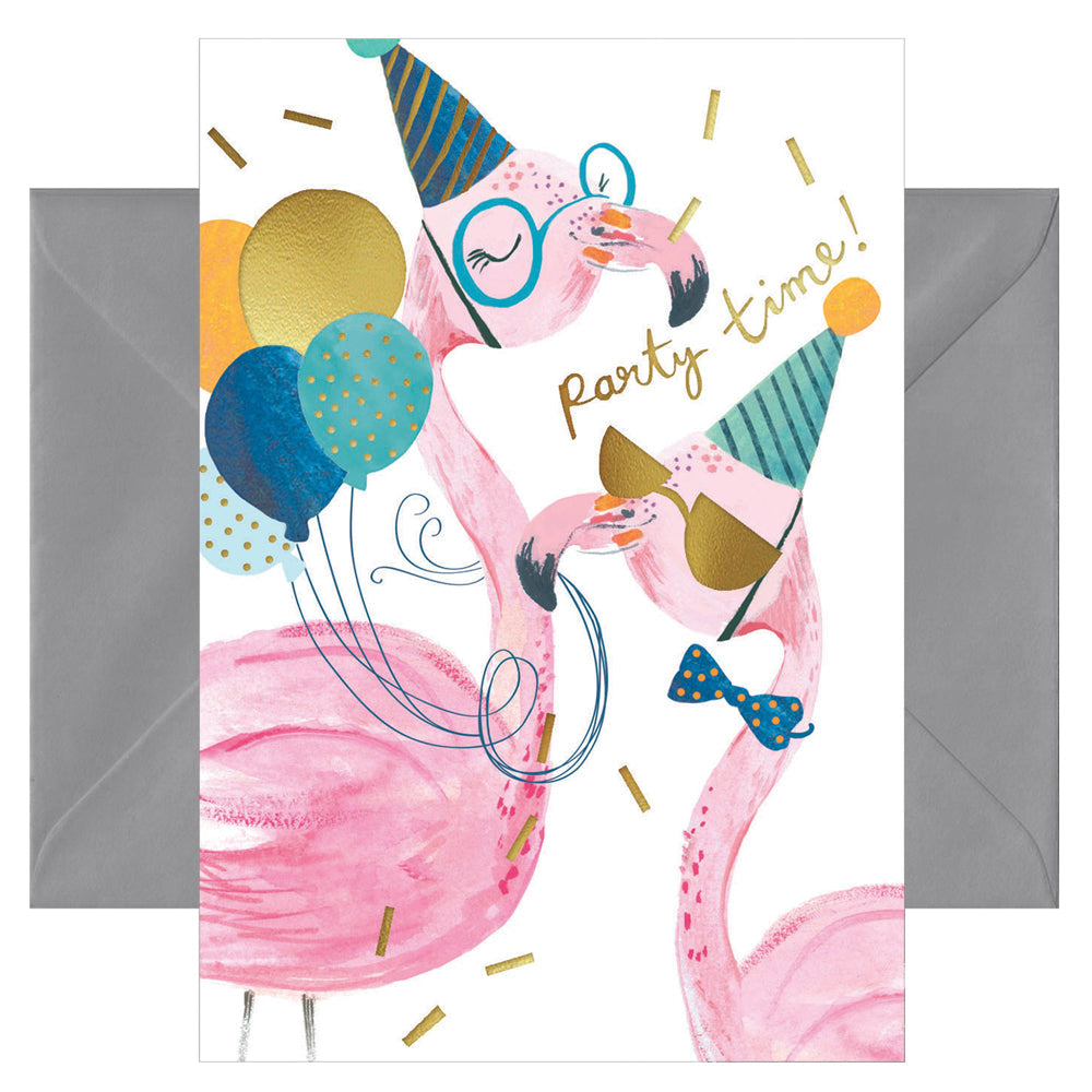 Aufklappbare Grußkarte mit Umschlag in weiß mit abgebildeten Flamingos und bunten Luftballons