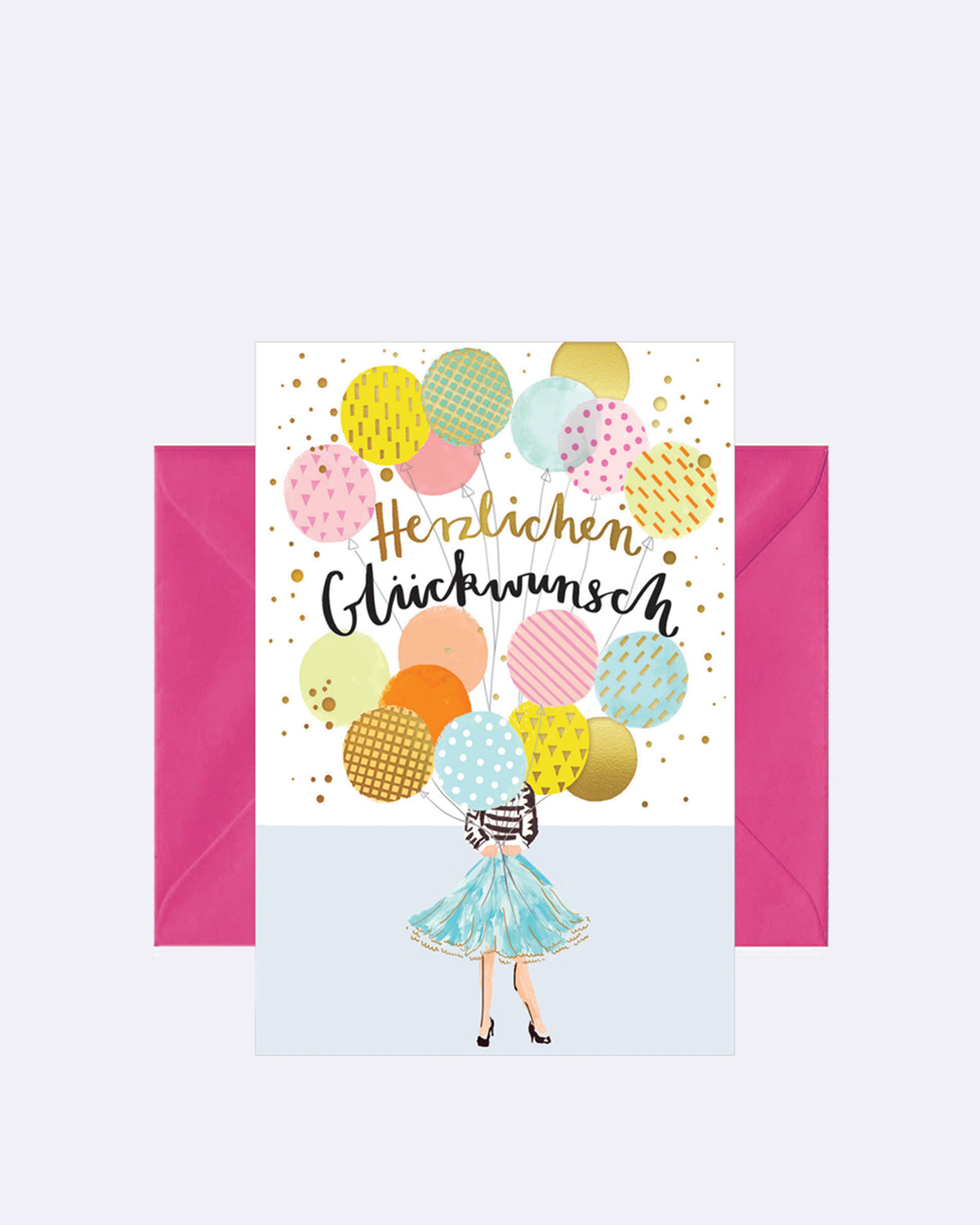 Aufklappbare Grußkarte mit Umschlag in weiß mit bunten Ballons und goldener/schwarzer Schrift