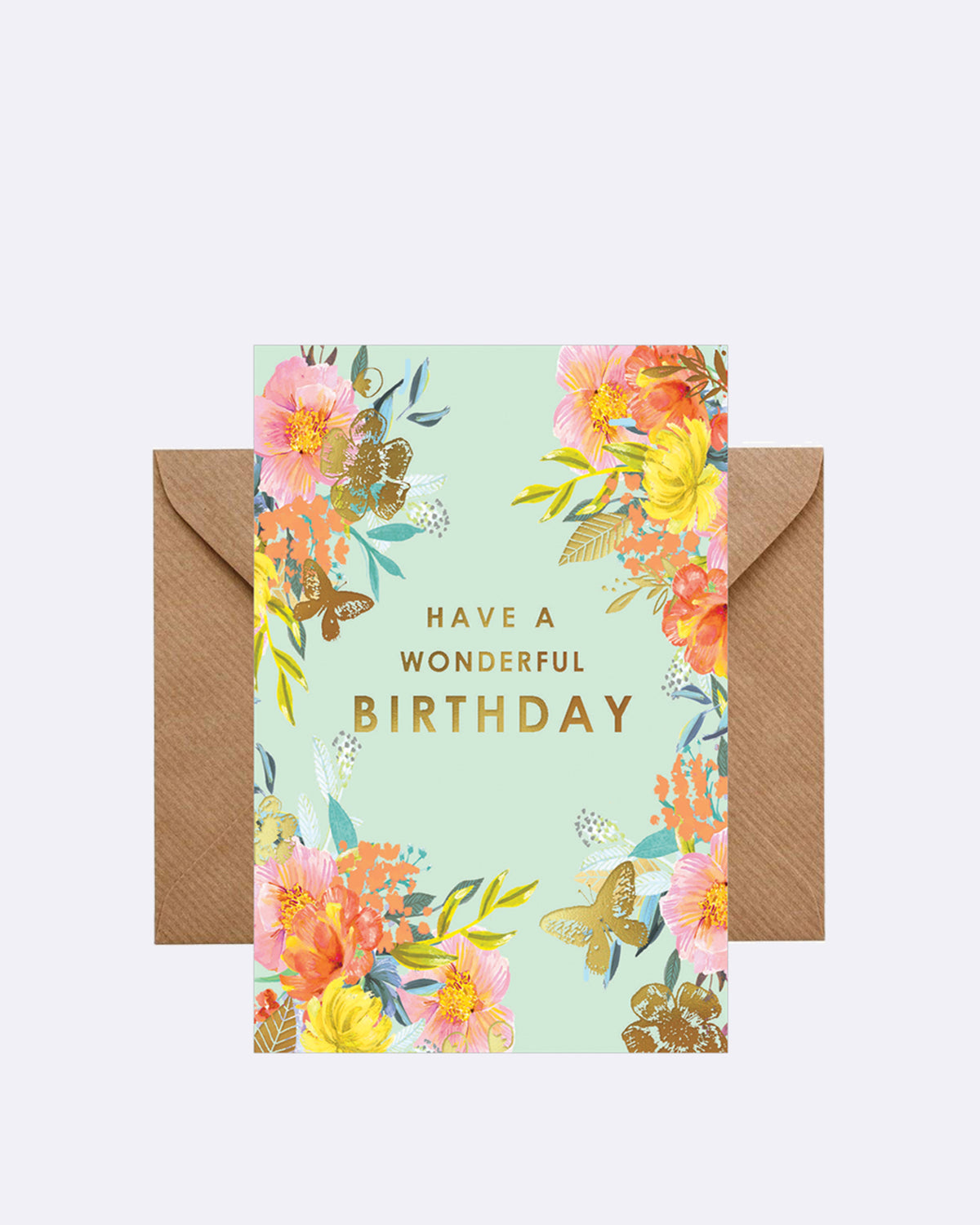 Aufklappbare Grußkarte mit Umschlag in hellblau mit bunten Blumen und goldener Schrift