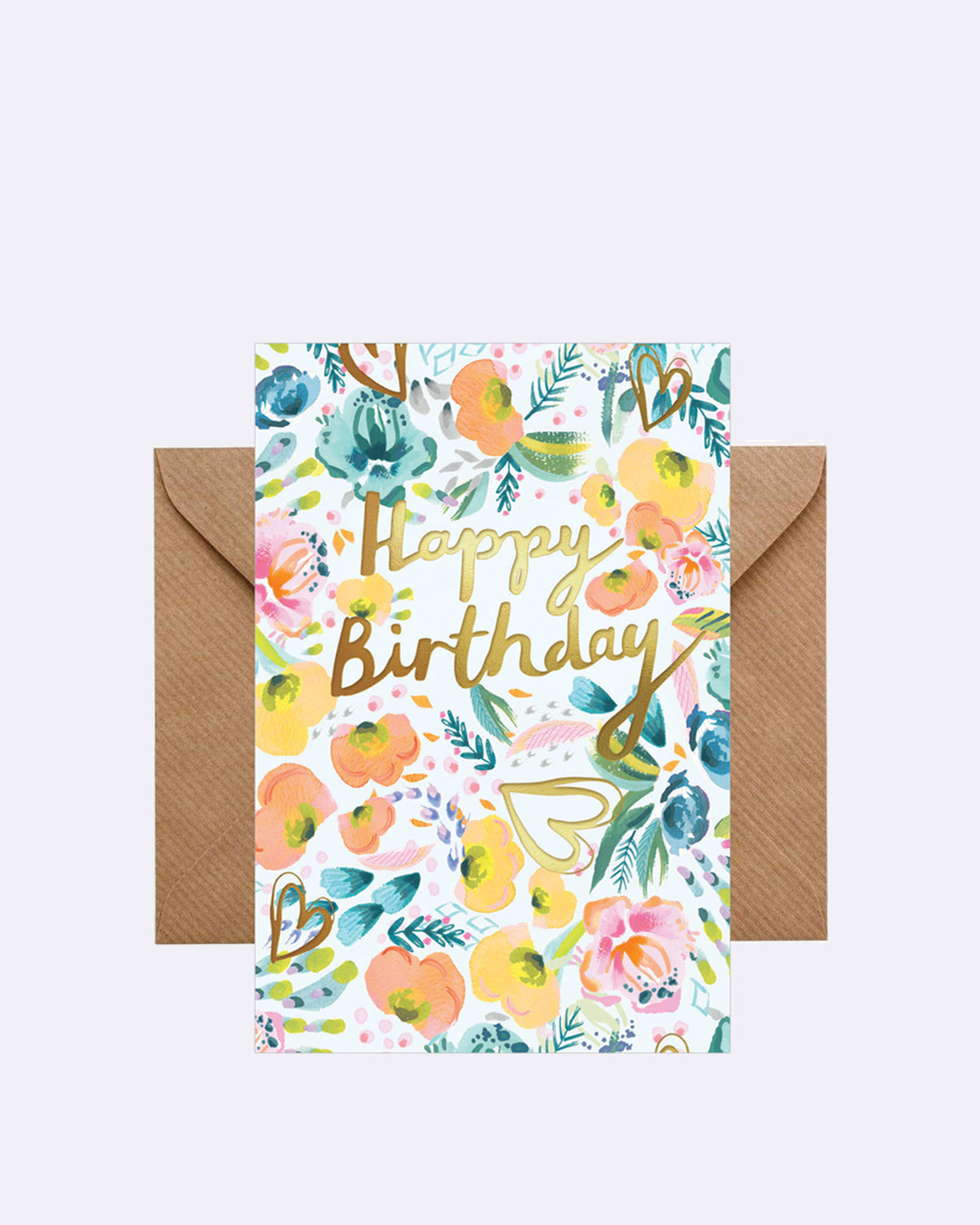 Aufklappbare Grußkarte mit Umschlag in weiß mit buntem Blumenmuster und goldener Schrift