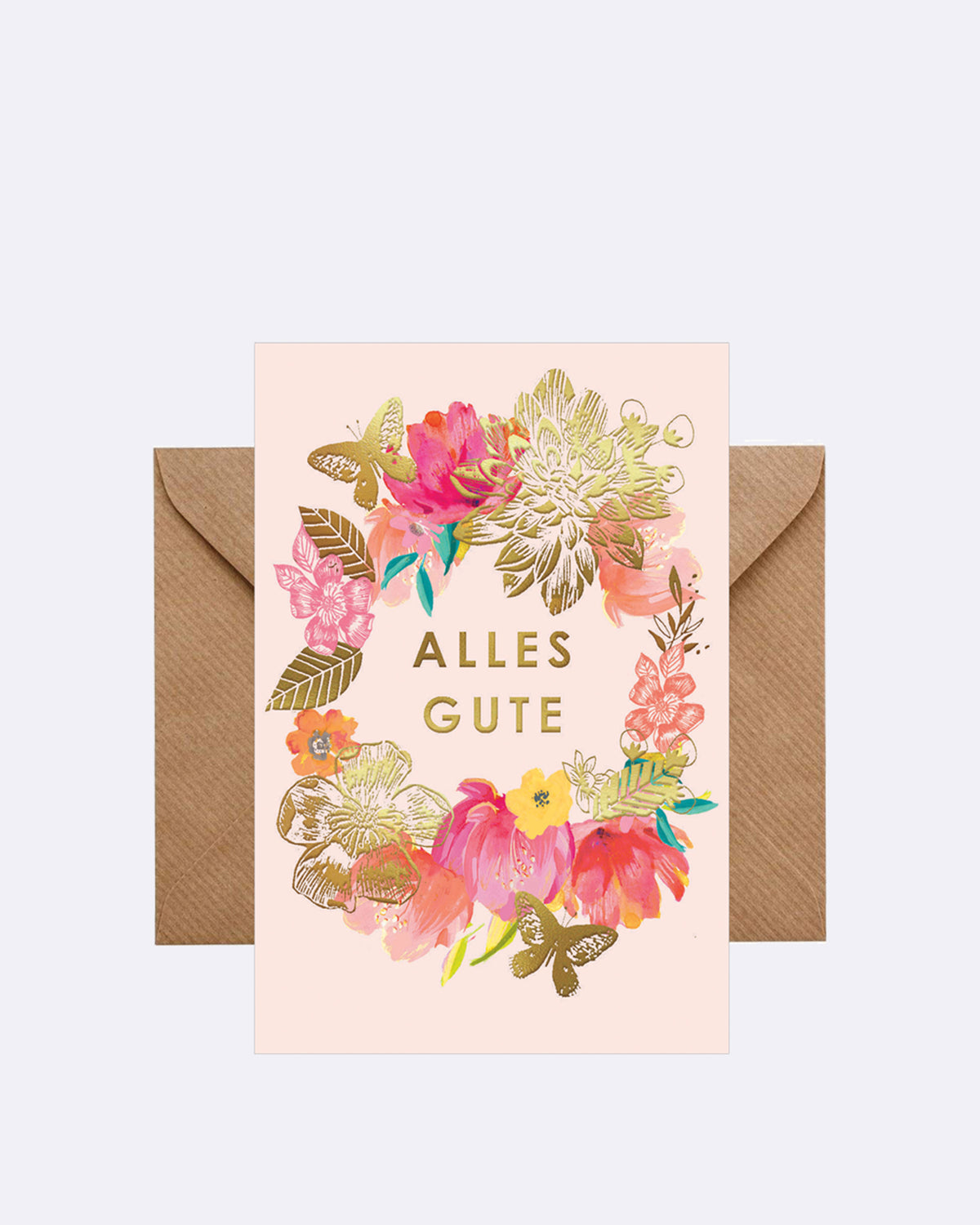 Doppelkarte mit floralen Motiven in Rot und Gold mit Schriftzug "ALLES GUTE"