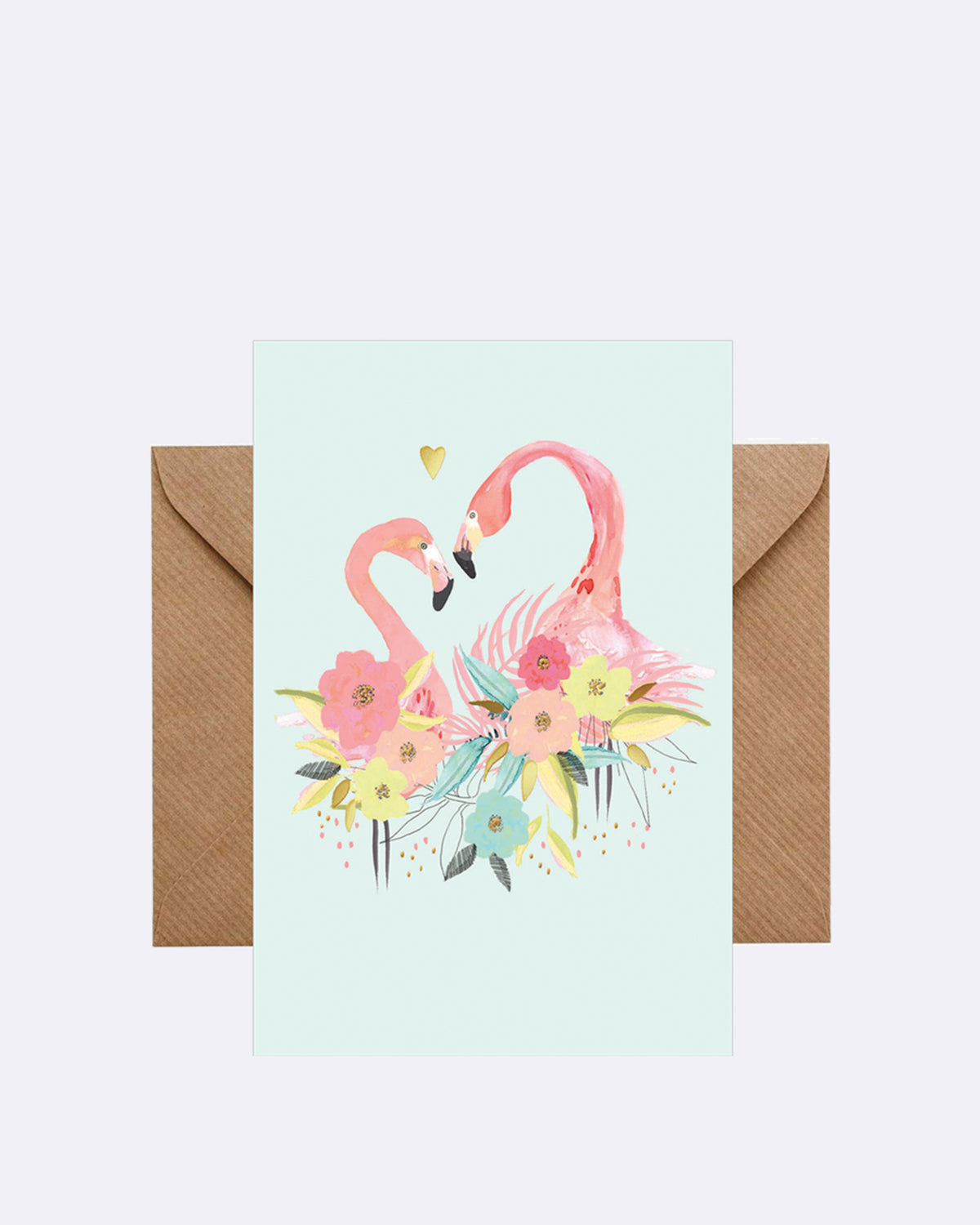 Aufklappbare Grußkarte mit Umschlag in hellblau mit abgebildeten Flamingos und Blumen