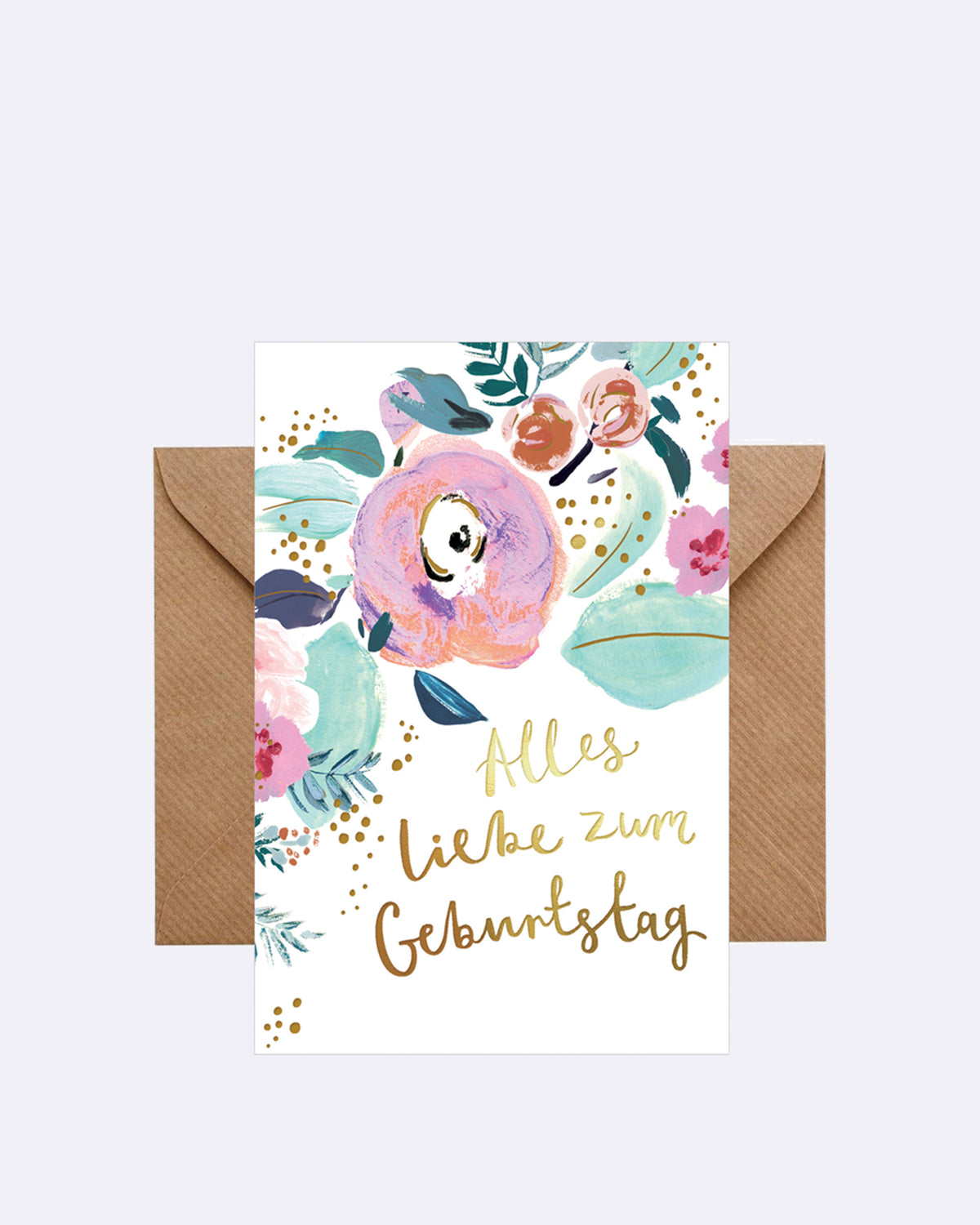 Aufklappbare Grußkarte mit Umschlag in weiß mit Blumen und goldener Schrift mit LT227