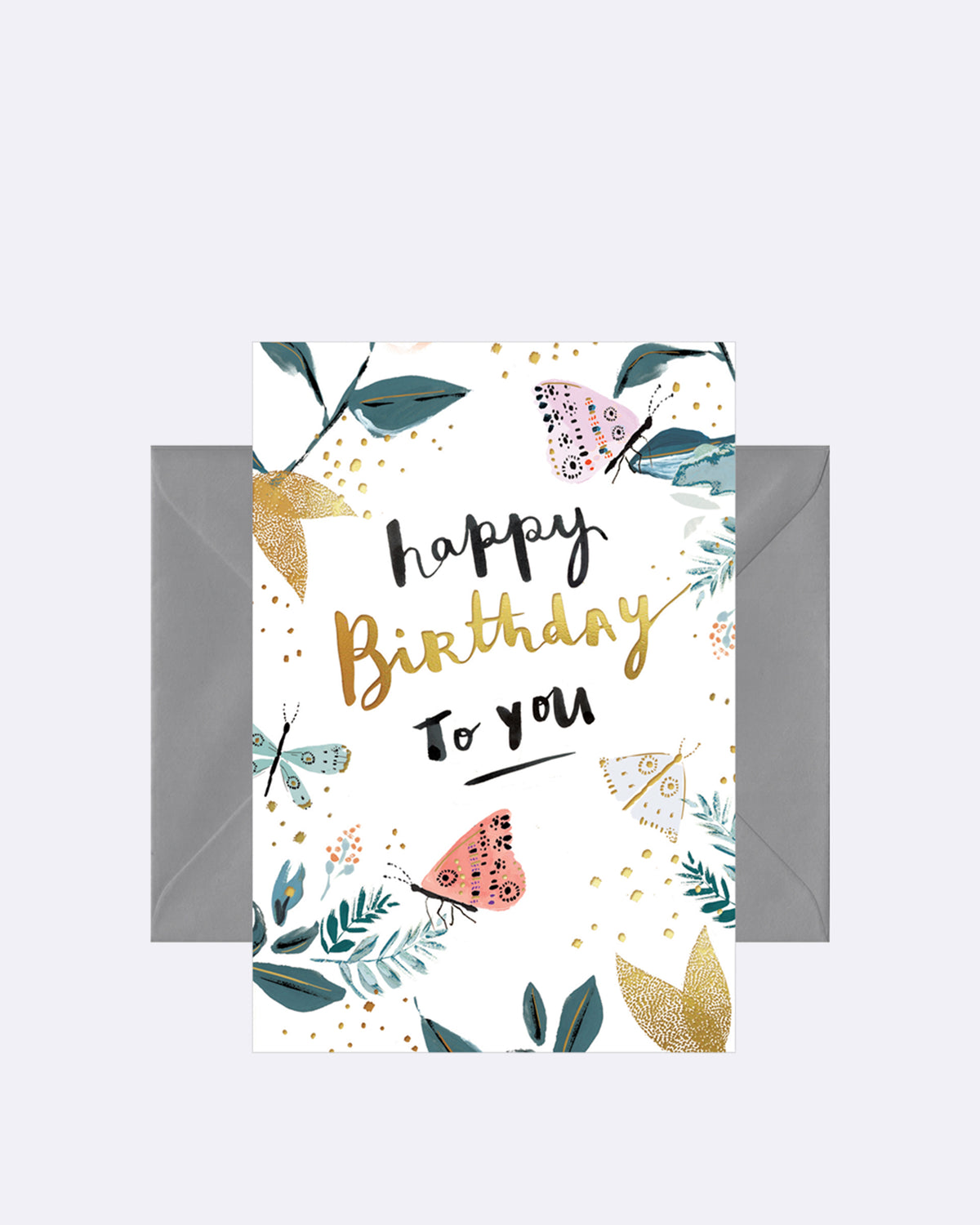 Aufklappbare Grußkarte mit Umschlag in weiß mit bunten Blumen und schwarz/goldener Schrift
