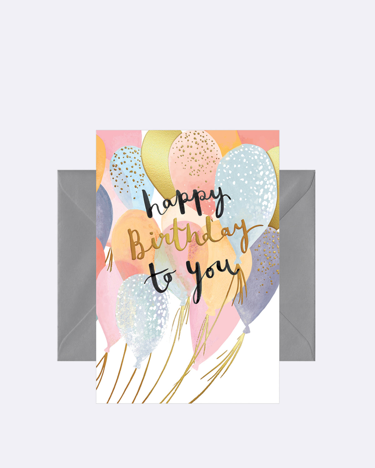 Aufklappbare Grußkarte mit Umschlag in weiß mit bunten Luftballons und schwarz/goldener Schrift