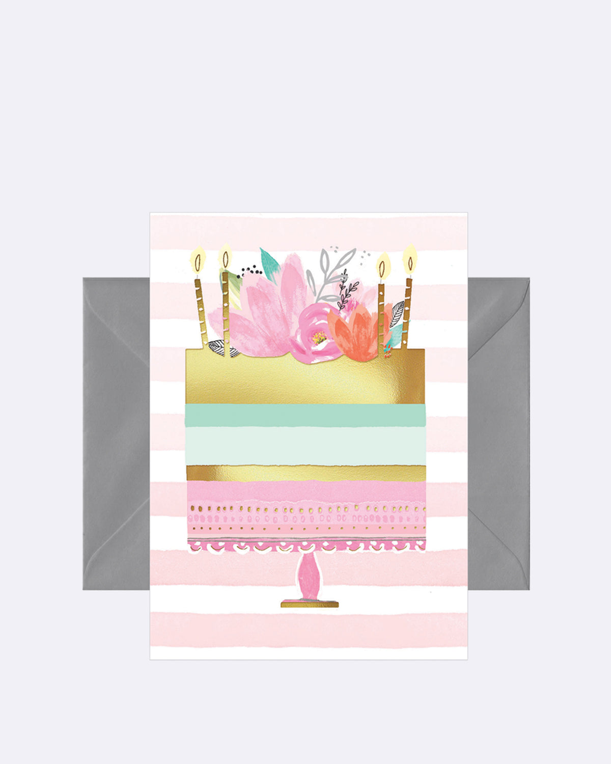 Aufklappbare Grußkarte mit Umschlag in weiß/rosa gestreift mit abgebildeter Torte