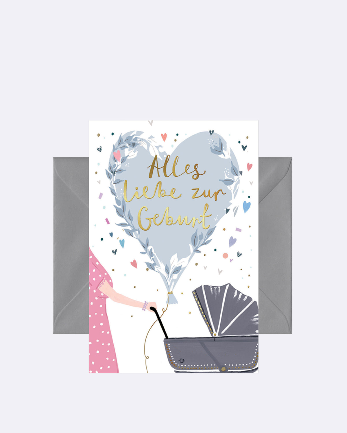 Doppelkarte mit grauem Umschlag, Herz in Blau und pinkem Kleid mit Schriftzug "Alles Liebe zur Geburt"