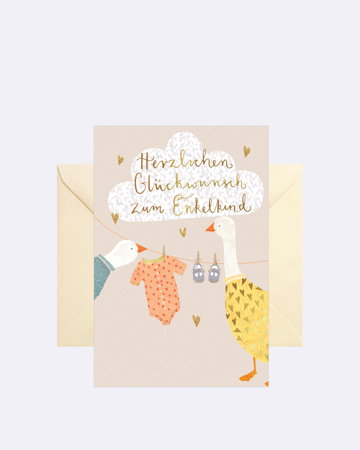 Aufklappbare Grußkarte mit Umschlag in grau mit abgebildeten Gänsen und goldener Schrift