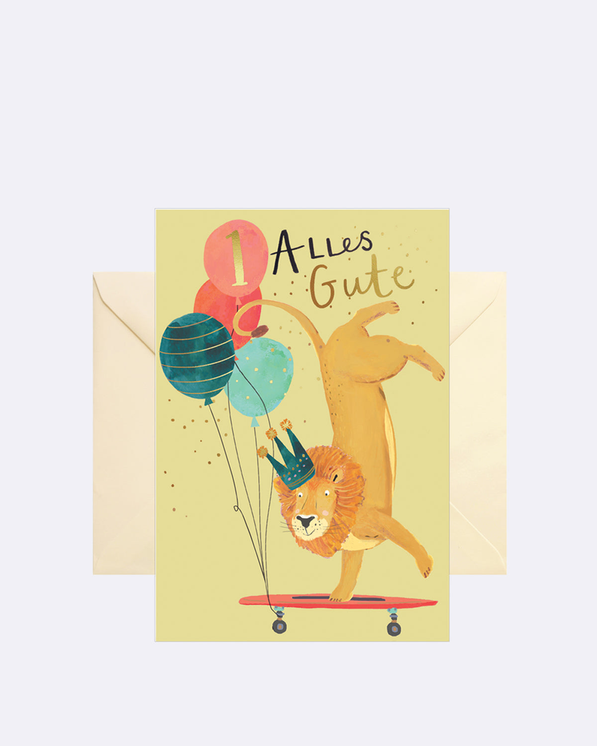 Aufklappbare Grußkarte mit Umschlag in gelb mit abgebildetem Löwen und bunten Luftballons