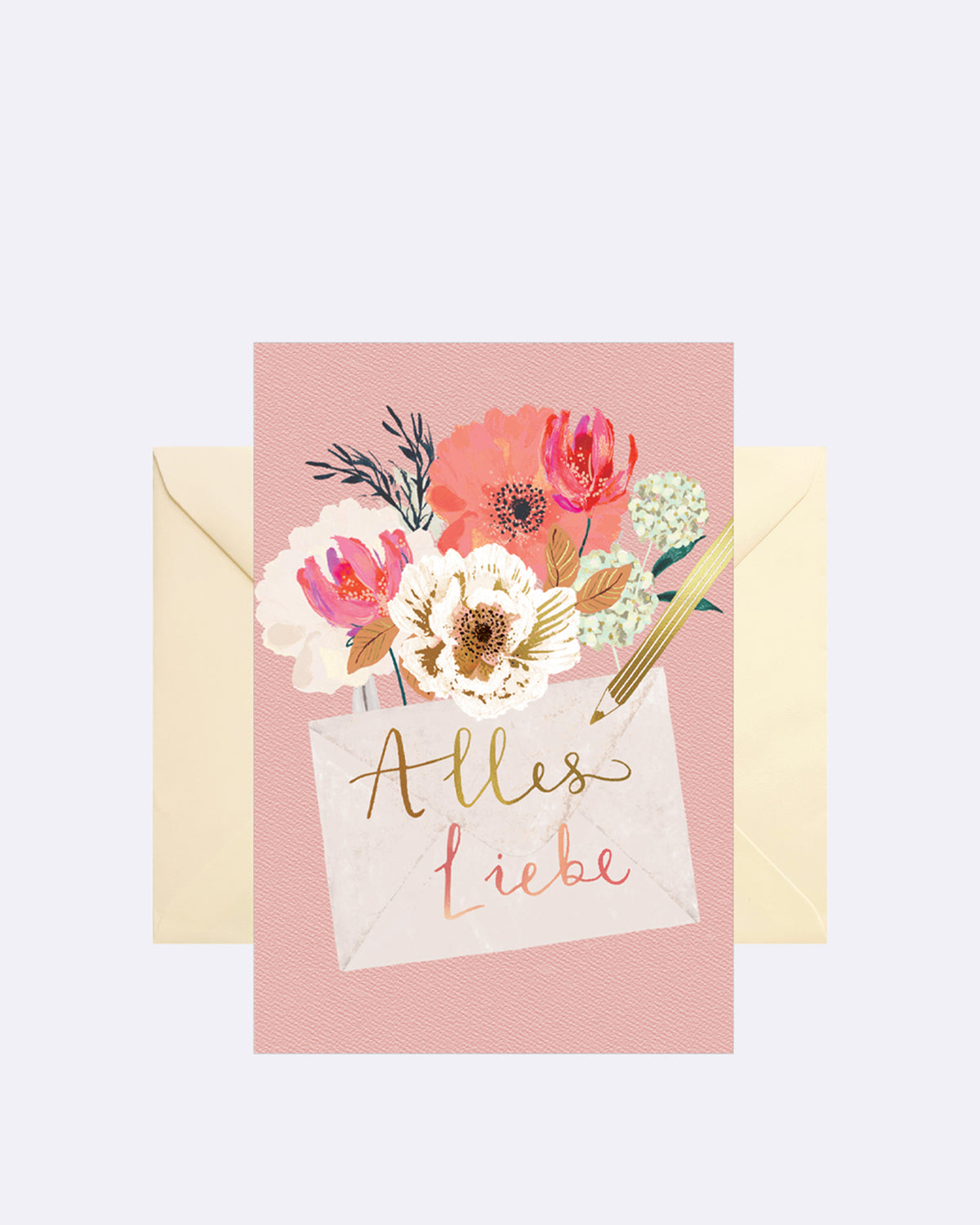 Aufklappbare Grußkarte mit Umschlag in rosa mit abgebildeten Blumen und einer Postkarte