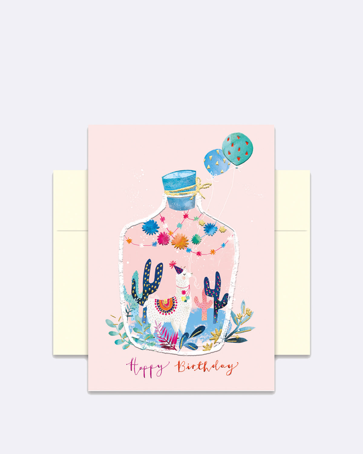 Doppelkarte mit Lama und Kakteen in Flasche auf Rosa mit Schriftzug "Happy Birthday"