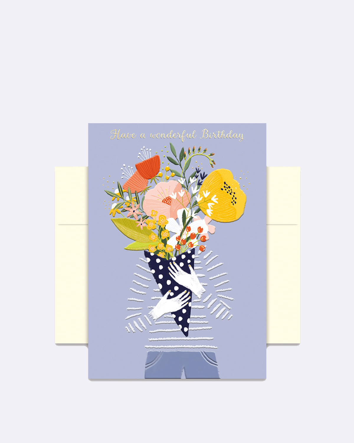 Aufklappbare Grußkarte mit Umschlag in hellblau mit bunten Blumen und goldener Schrift