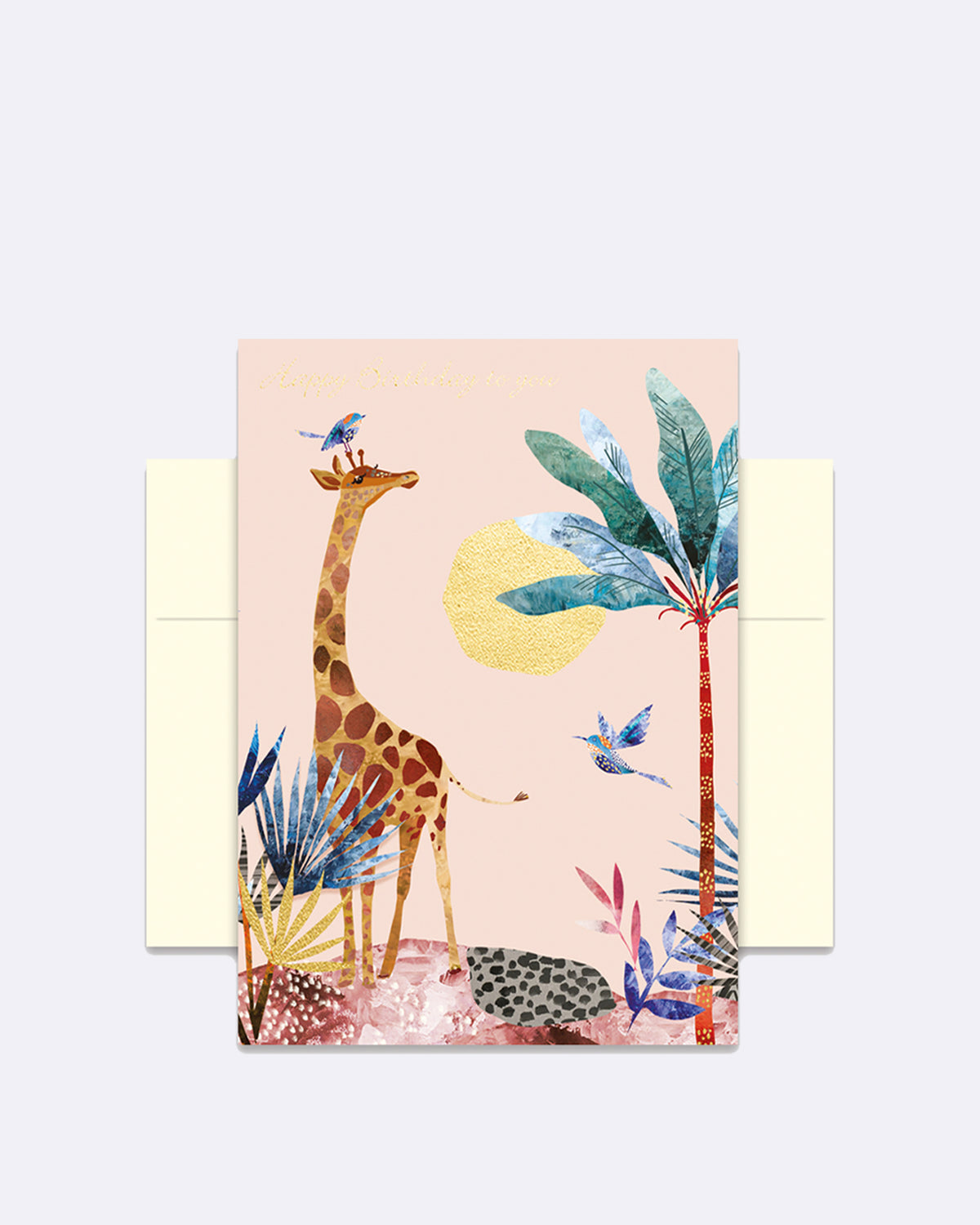 Aufklappbare Grußkarte mit Umschlag in rosa mit bunten Pflanzen und abgebildeter Giraffe