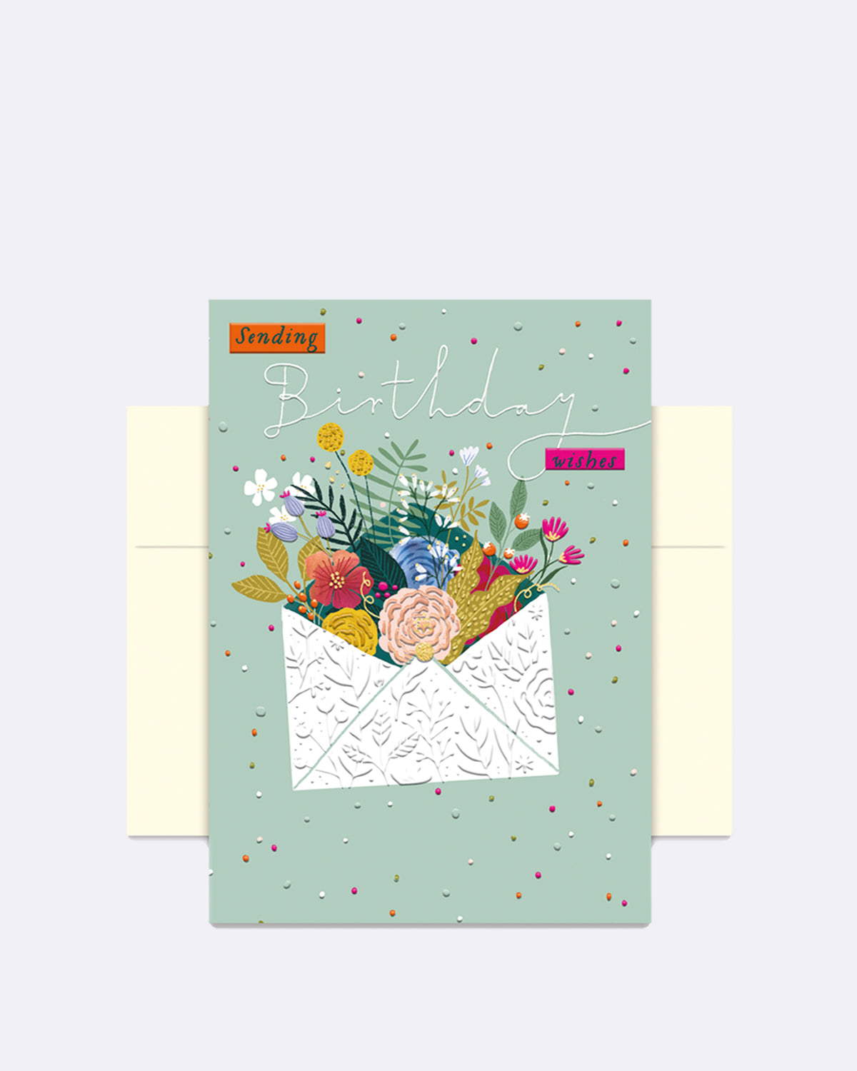 Aufklappbare Grußkarte mit Umschlag in hellblau mit bunten Blumen und weißer Schrift