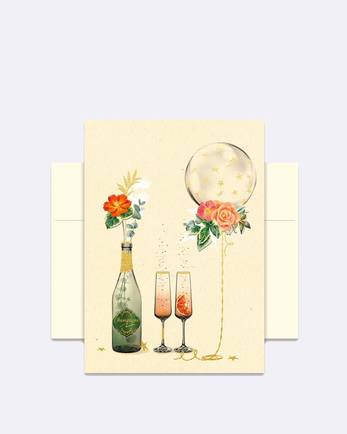 Aufklappbare Grußkarte mit Umschlag in beige mit abgebildeten Sektgläsern und einer Flasche