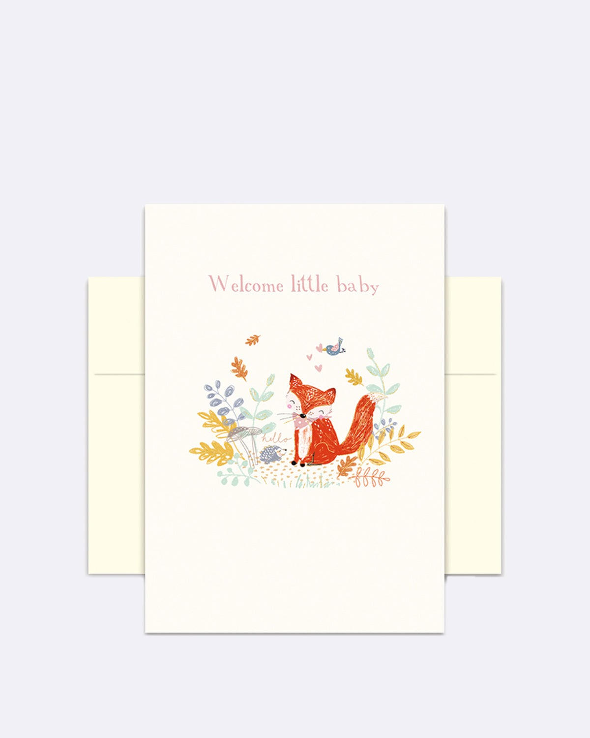 Doppelkarte mit Fuchs- und Pflanzenmotiv, hellen Farben und Schriftzug "Welcome little baby"