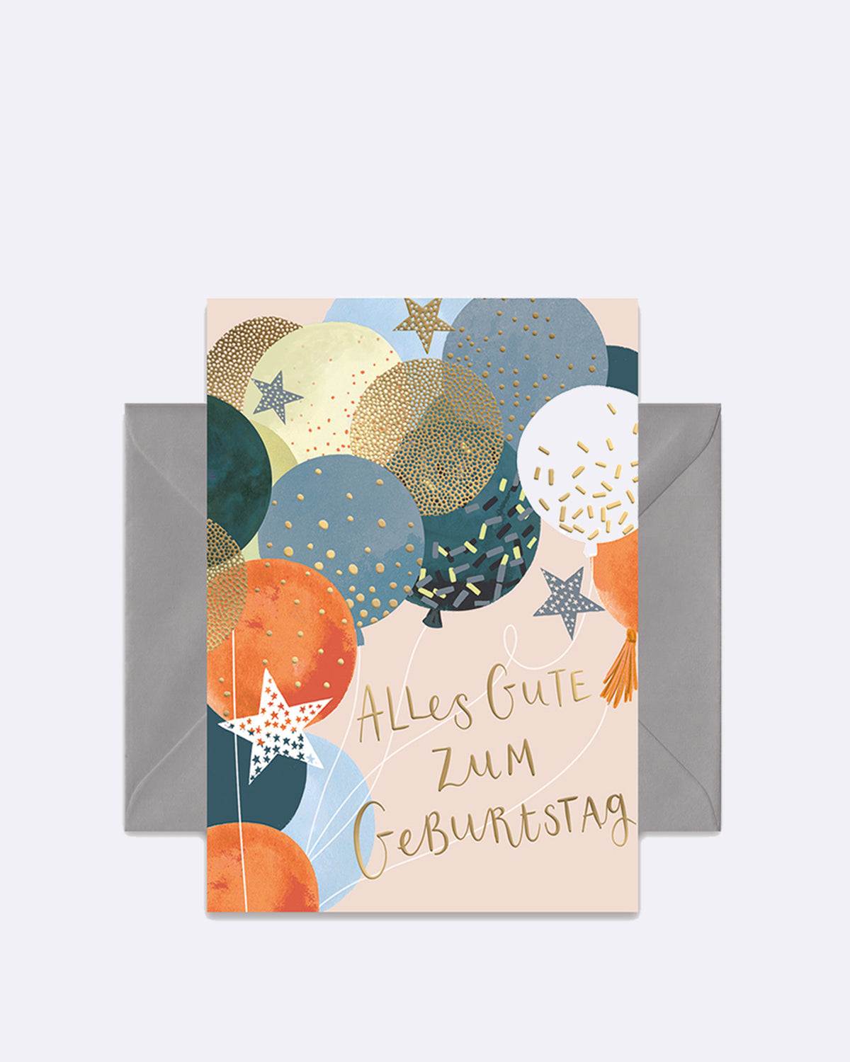 Doppelkarte mit bunten Luftballons und Sternen mit Schriftzug "Alles Gute zum Geburtstag"
