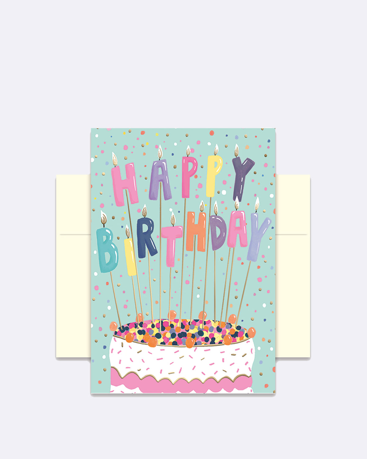 Doppelkarte mit buntem Kuchenmotiv und Schriftzug "HAPPY BIRTHDAY"
