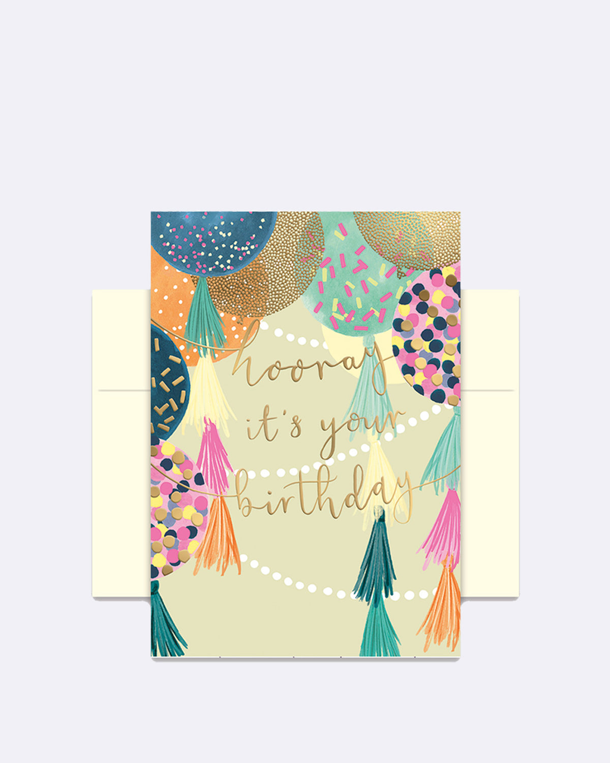 Doppelkarte mit bunten Ballons und Quasten in Blau, Pink und Gold mit Schriftzug "hooray it's your birthday"