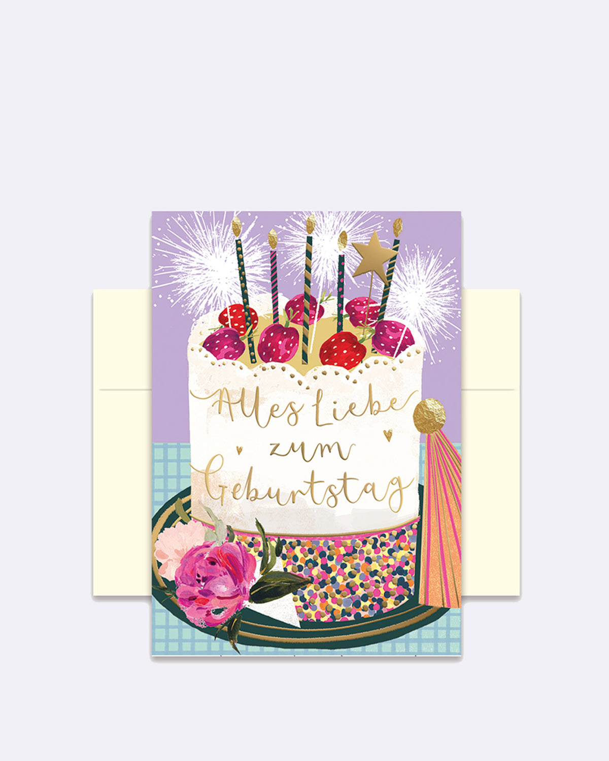 Doppelkarte mit bunter Geburtstagstorte und Kerzen auf lila Hintergrund mit Schriftzug "Alles Liebe zum Geburtstag"