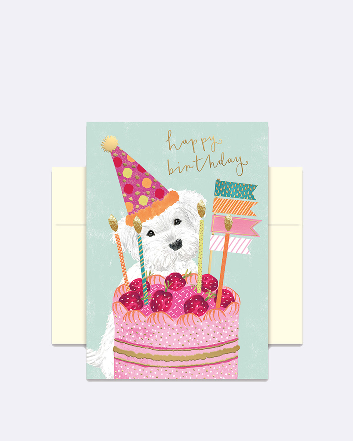Doppelkarte mit Hund und Geburtstagstorte in Rosa mit Schriftzug "happy birthday"