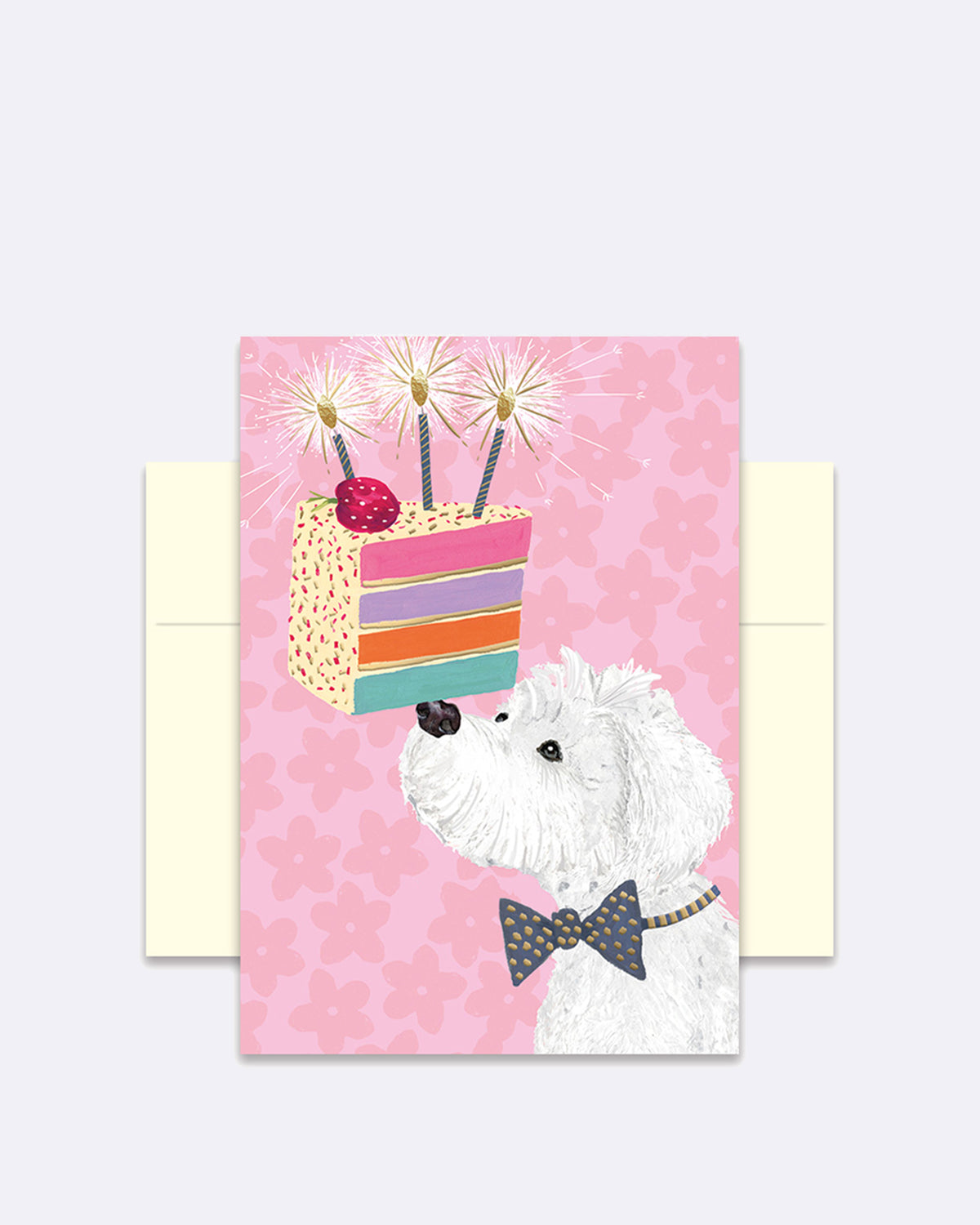 Doppelkarte mit Hund und mehrfarbigem Kuchen auf rosa Hintergrund