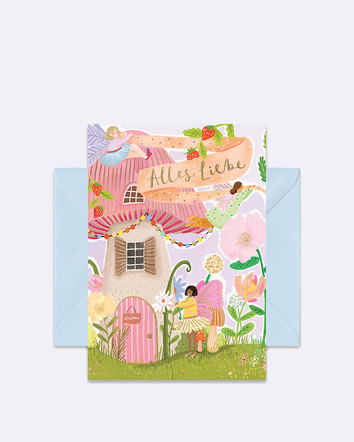 Doppelkarte mit Märchenhaus und Elfen in Pastelltönen mit Schriftzug "Alles Liebe"