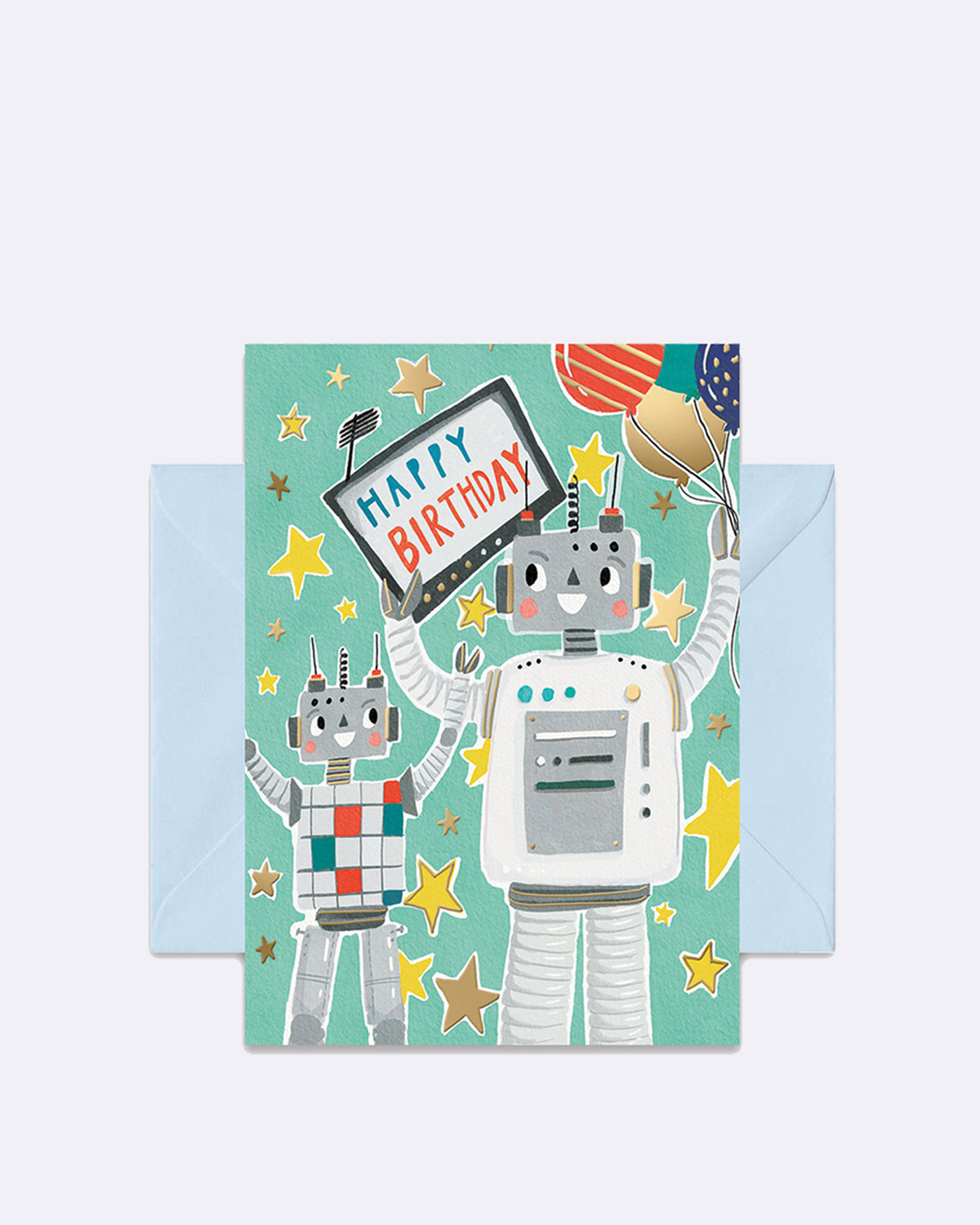 Doppelkarte mit zwei Robotern auf grünem Hintergrund und Schriftzug "Happy Birthday"