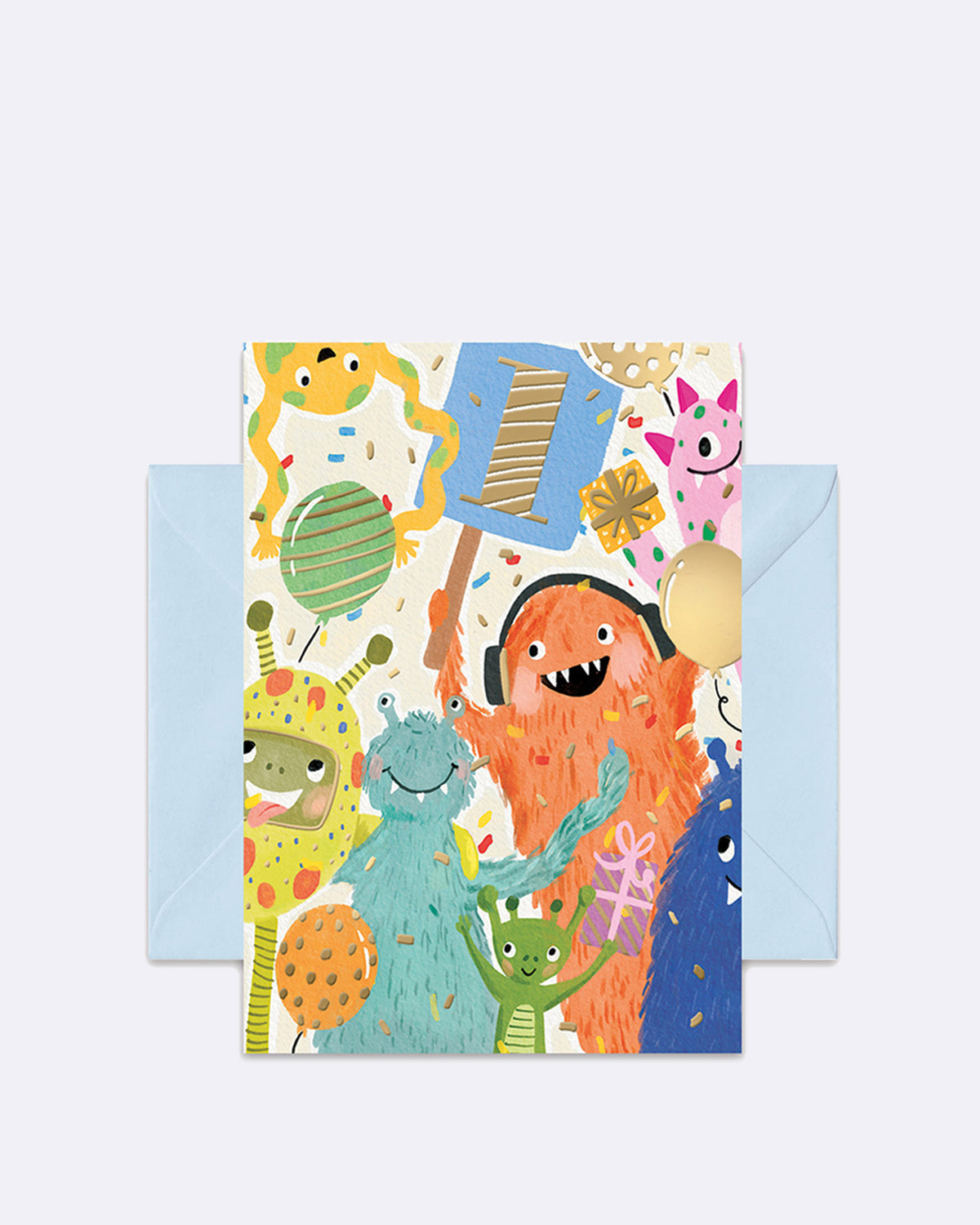 Doppelkarte mit bunten Monstern und Geschenken, ohne sichtbaren Schriftzug