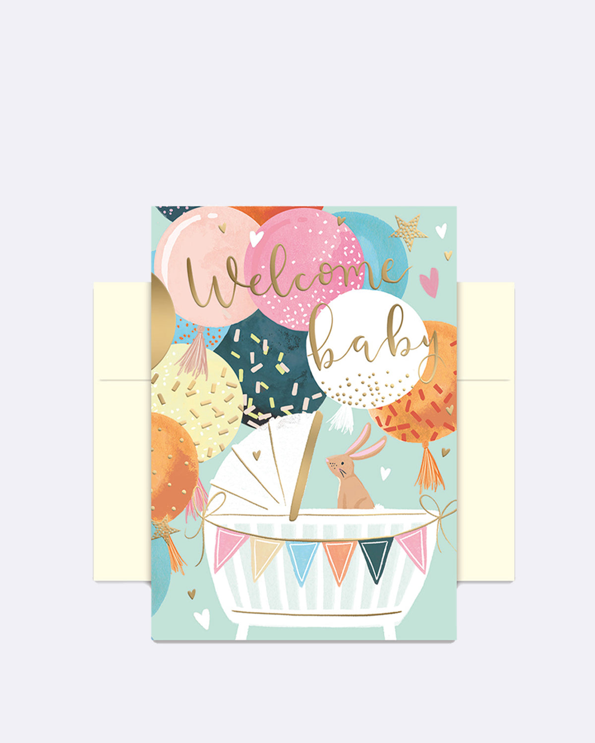 Doppelkarte mit bunten Luftballons und Schriftzug "Welcome baby"