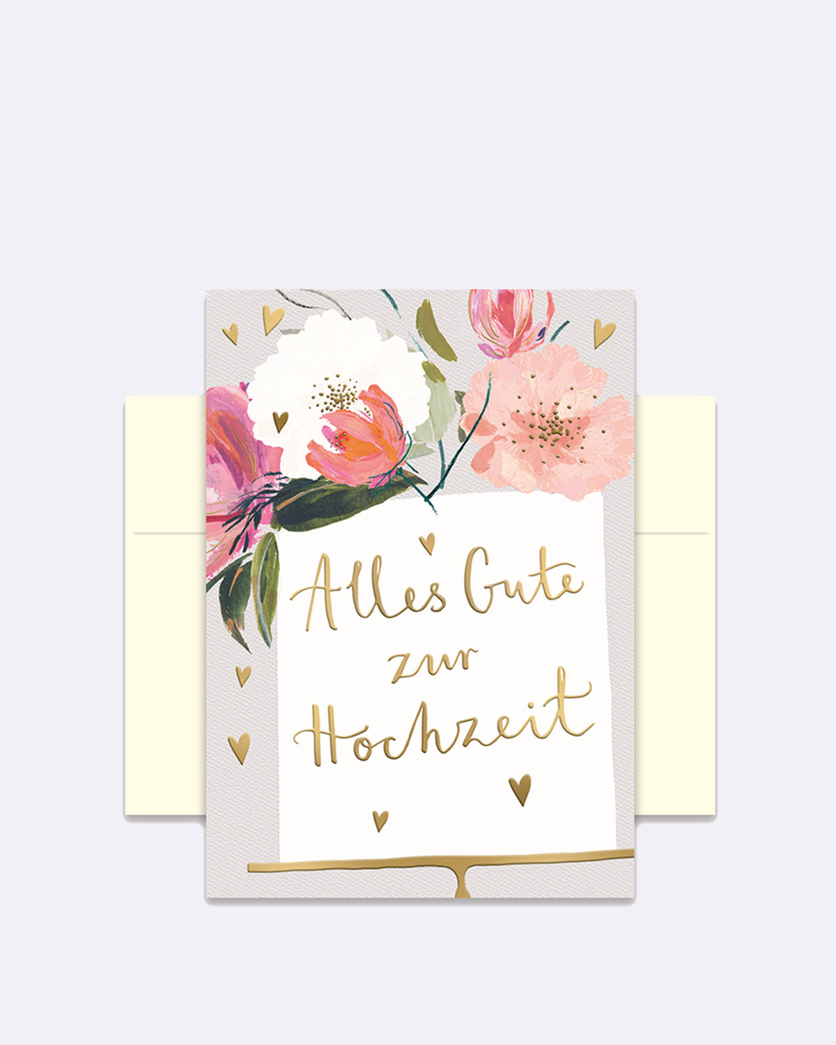 Doppelkarte mit floralen Motiven und goldenem Schriftzug "Alles Gute zur Hochzeit"