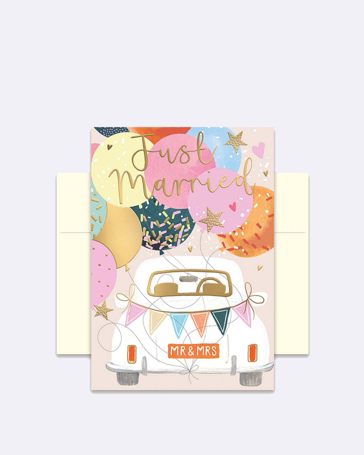 Doppelkarte mit bunten Luftballons und Auto mit Schriftzug "Just Married"