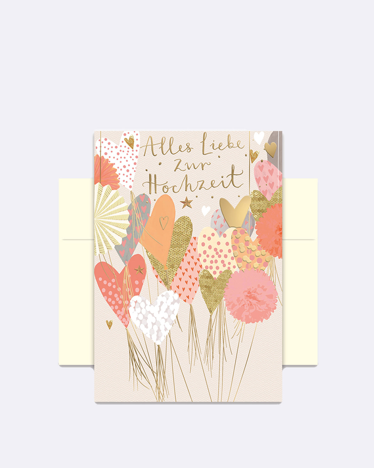 Doppelkarte mit buntem Herzmotiv und Schriftzug "Alles Liebe zur Hochzeit"