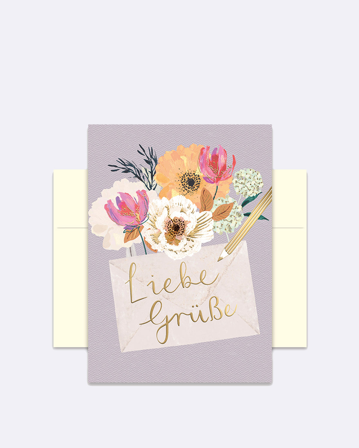 Doppelkarte mit Blumen und Umschlag in Pastell mit Schriftzug "Liebe Grüße"