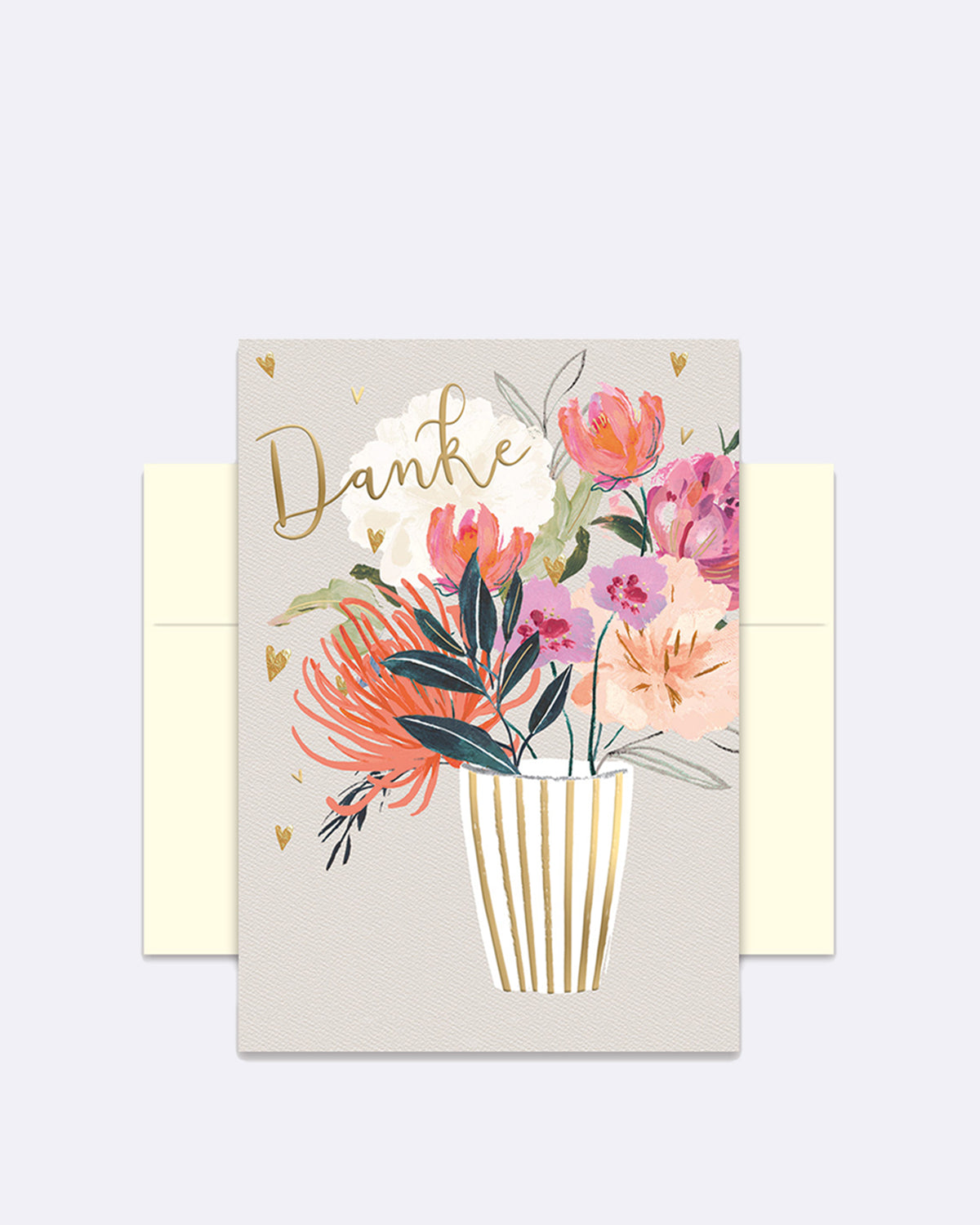Doppelkarte mit Blumenvase und bunten Blumen auf grauem Hintergrund mit Schriftzug "Danke"