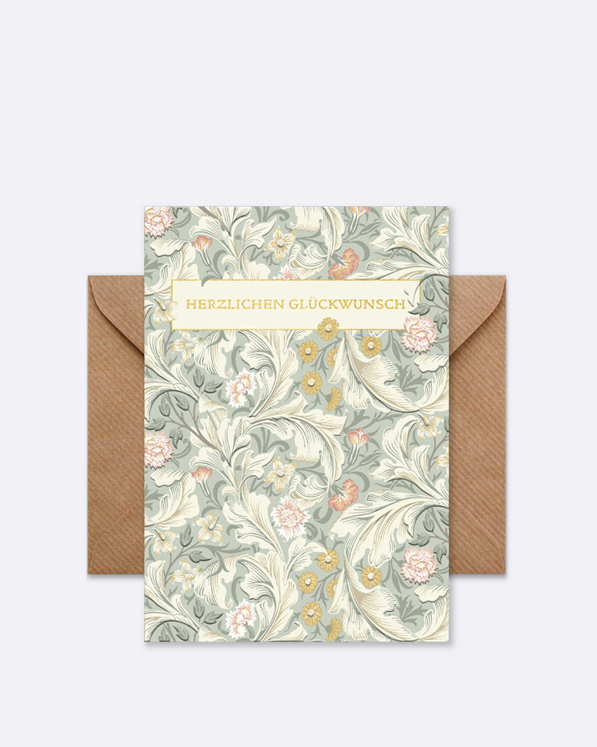 Doppelkarte mit floralem Muster in Pastellfarben und Schriftzug "HERZLICHEN GLÜCKWUNSCH"