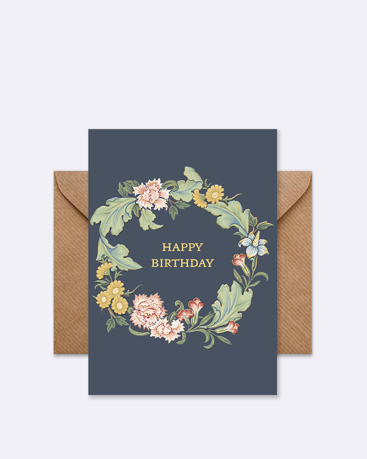 Doppelkarte mit Blumenkranz in Pastelltönen auf dunkelblauem Hintergrund mit Schriftzug "HAPPY BIRTHDAY"