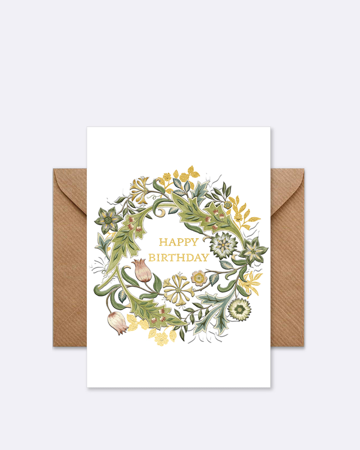 Doppelkarte mit floralem Kreis in Grün und Gelb mit Schriftzug "HAPPY BIRTHDAY"