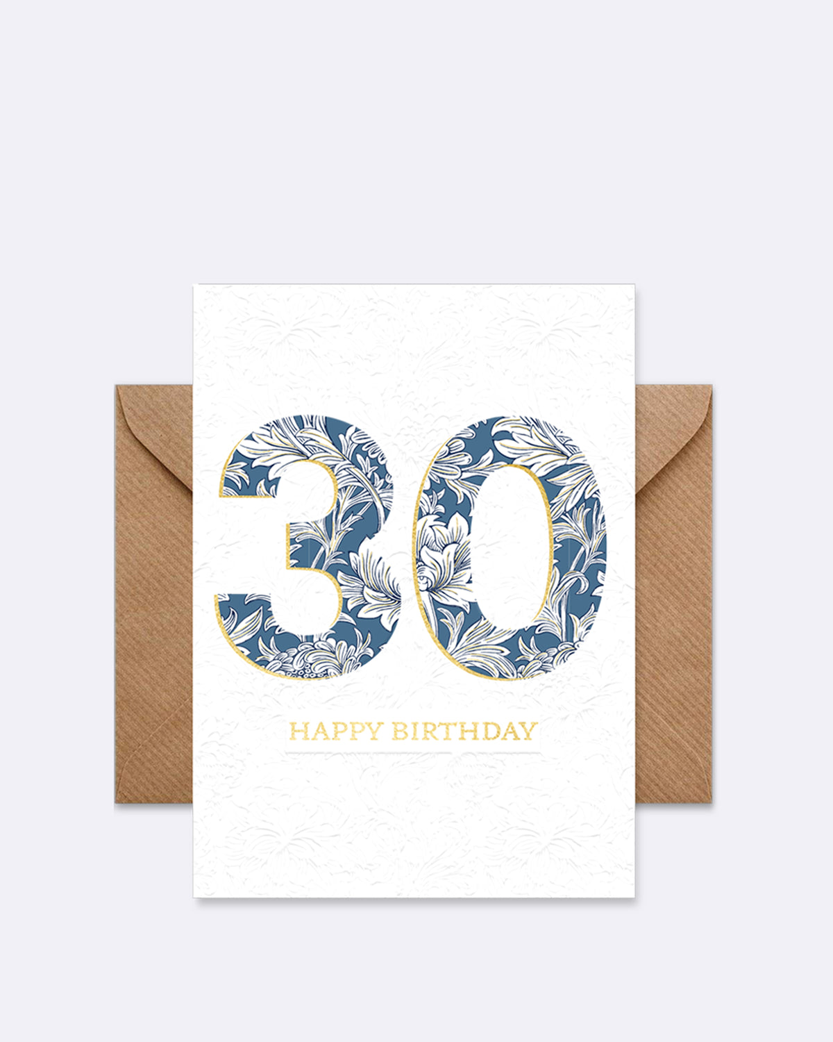 Doppelkarte mit Blumenmuster in Blau und Weiß, Schriftzug "30 HAPPY BIRTHDAY"
