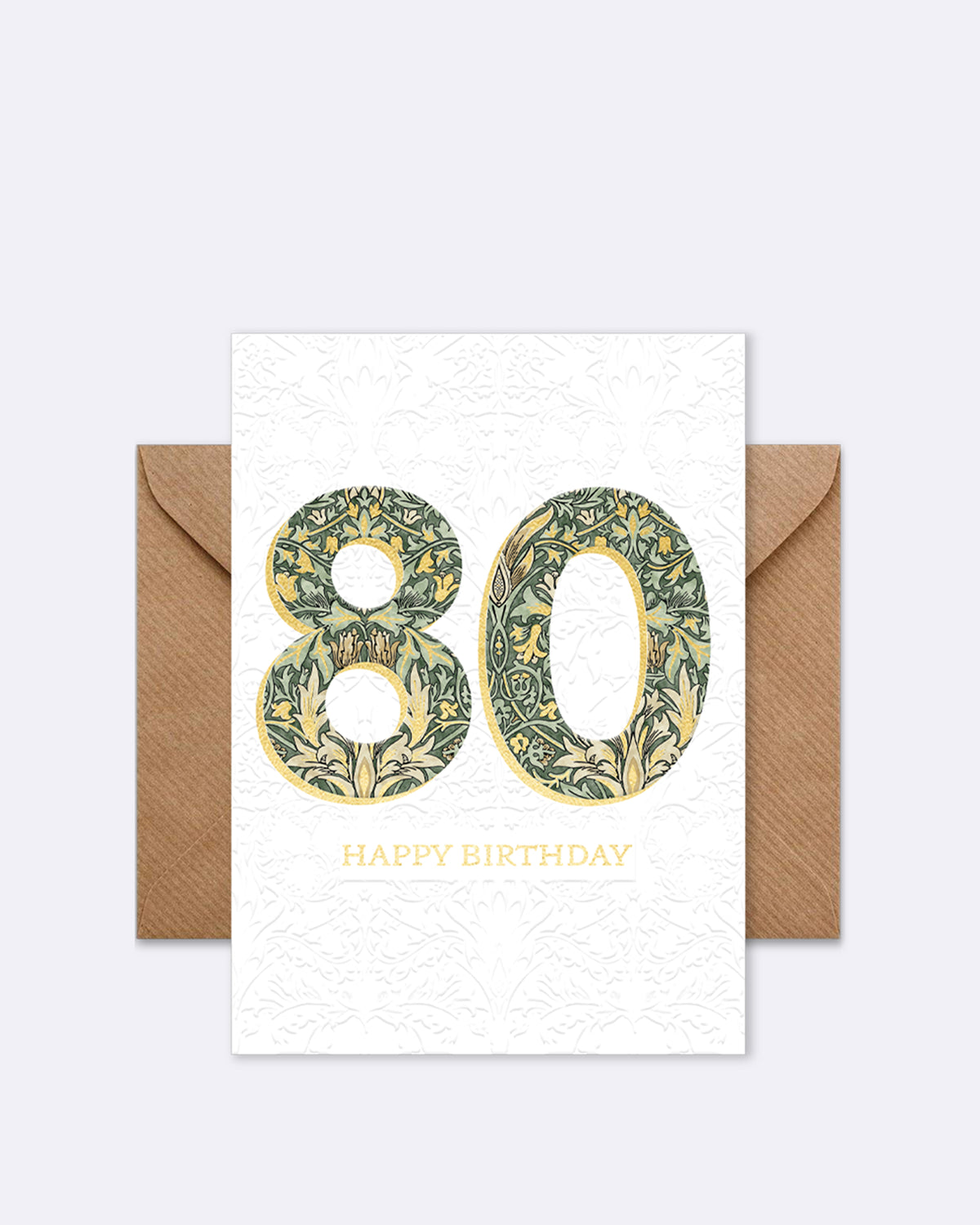Doppelkarte mit floralen Mustern in Grün und Gelb und Schriftzug "HAPPY BIRTHDAY"