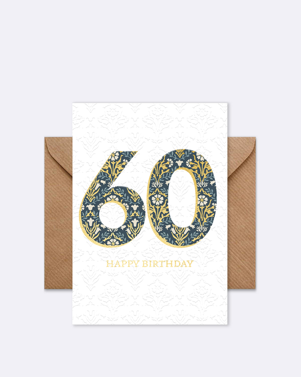 Doppelkarte mit floralem Muster in Blau-Gold und Schriftzug "Happy Birthday"
