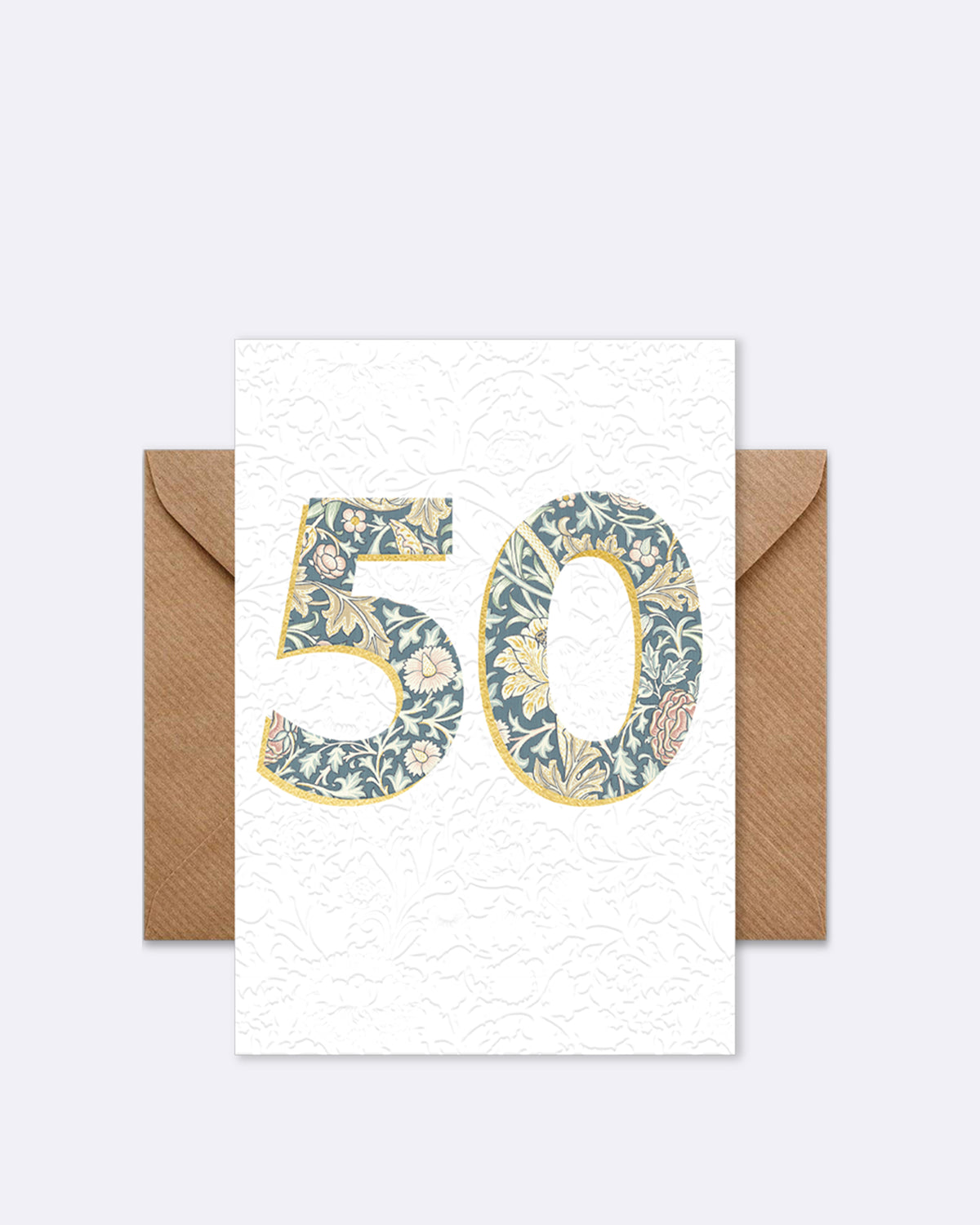 Doppelkarte mit floralem Muster in Blau und Beige und Zahl 50