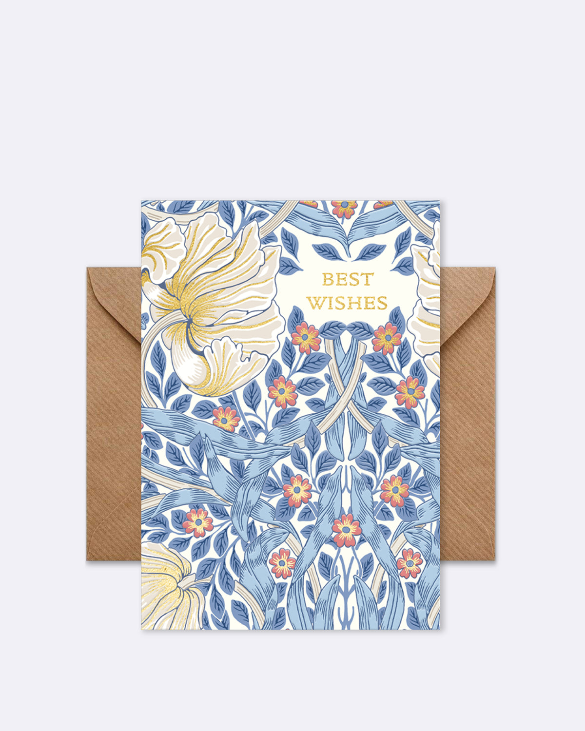 Doppelkarte mit floralen Mustern in Blau und Gelb mit Schriftzug "BEST WISHES"