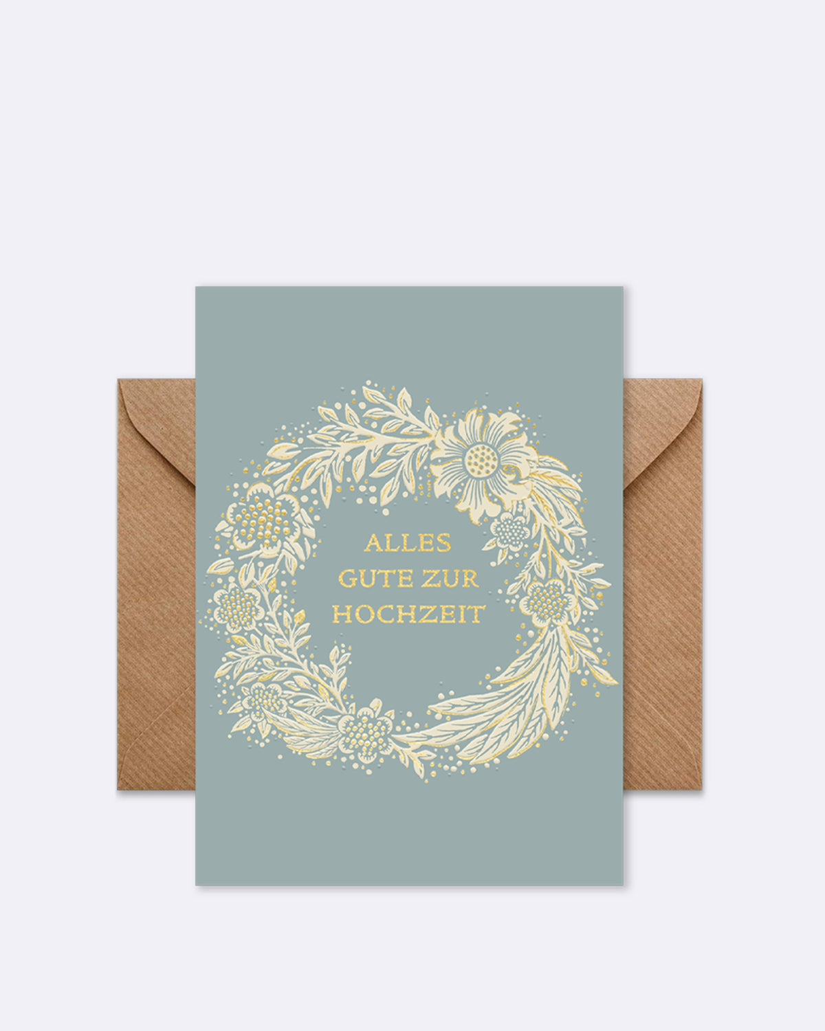 Doppelkarte mit floralem Kranzmotiv in Creme auf grauem Hintergrund und Schriftzug "ALLES GUTE ZUR HOCHZEIT"